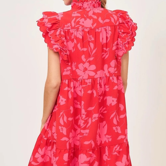 Umgee Full Size Two Tone Floral Print Ruffle Cap Sleeve Mini Dress Plus Size - Picture 6 of 7